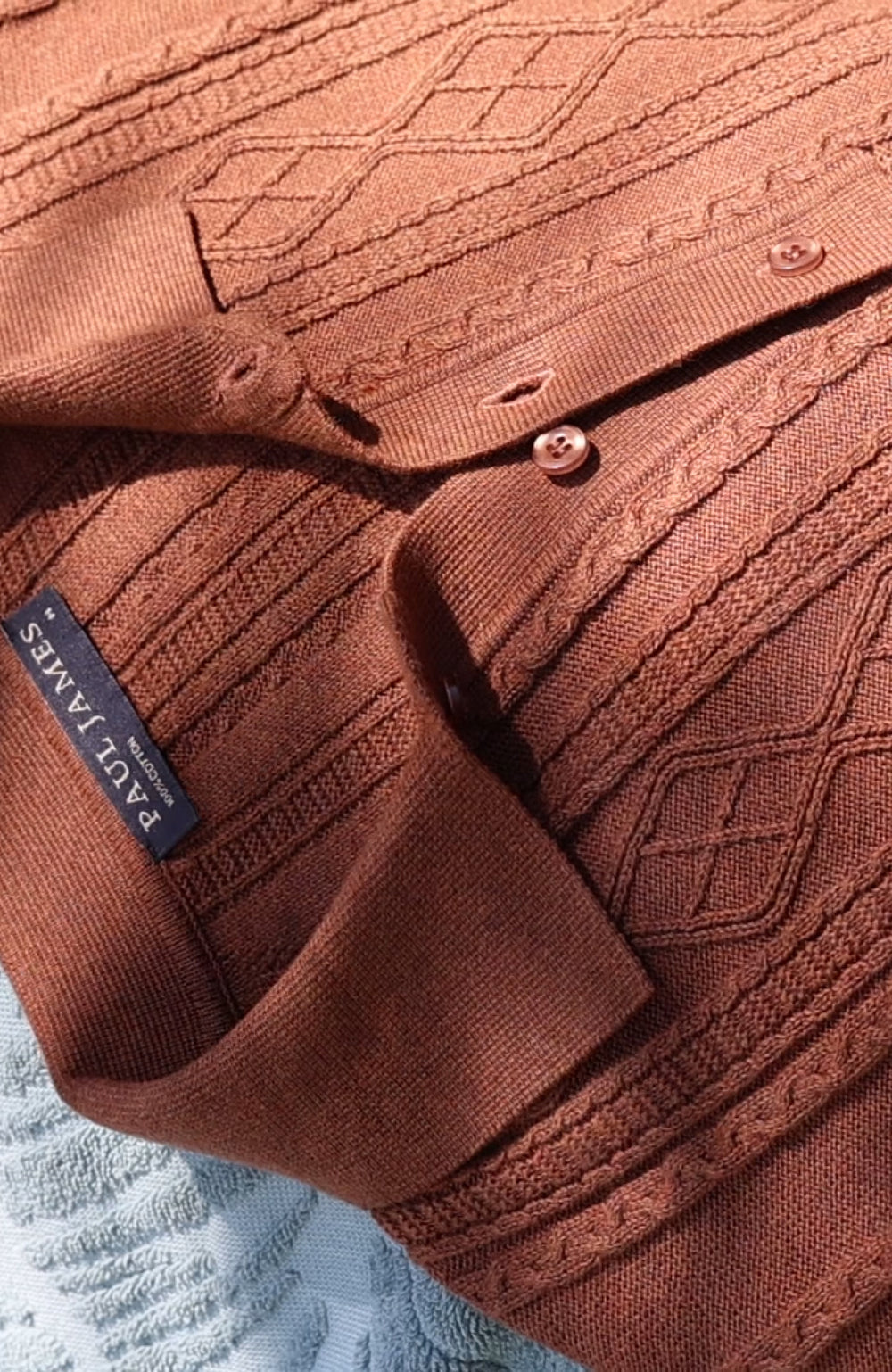 Men's brown textured Fisherman knit chunky polo shirt