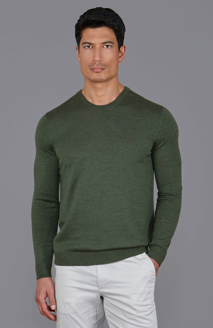 green mens crew neck fine merino wool jumper by Paul James