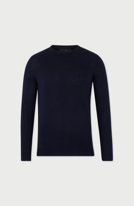 Navy Mens Extra Fine Merino Wool Crew Neck Jumper By Paul James