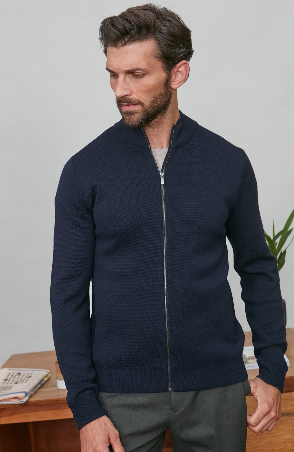 mens navy merino wool knitted jacket by Paul James Knitwear