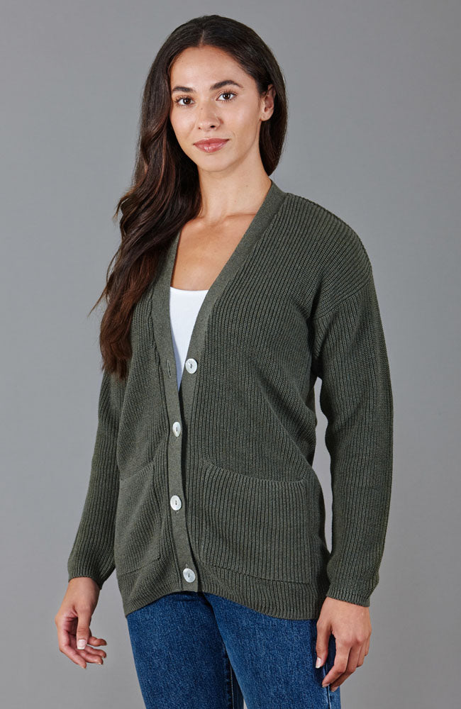 Womens Midweight Cotton Ribbed V Neck Cardigan with Pockets – Paul James  Knitwear