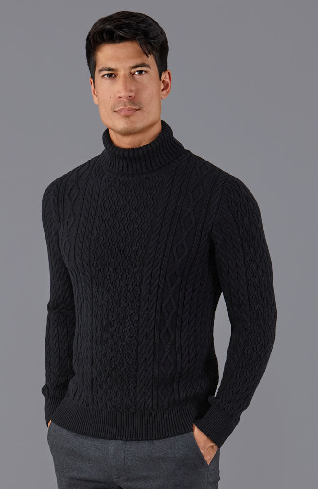 Mens Midweight Cotton Roll Neck Cable Jumper