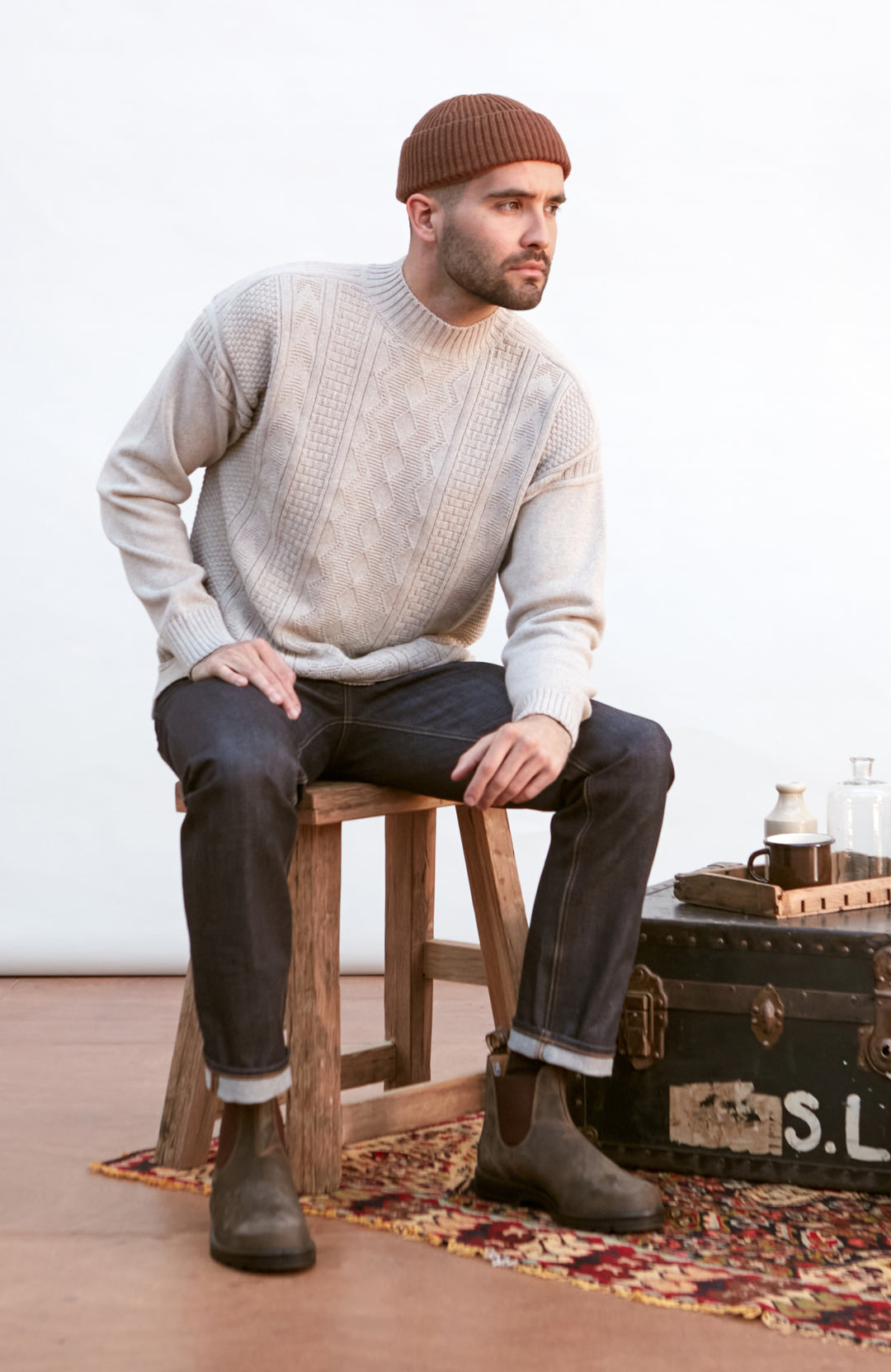Mens Midweight Cotton Mock Neck Gansey Jumper