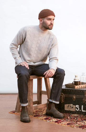 Mens Midweight Cotton Mock Neck Gansey Jumper