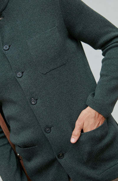 dark green mandarin collar jacket coat with button details on a neutral backgound