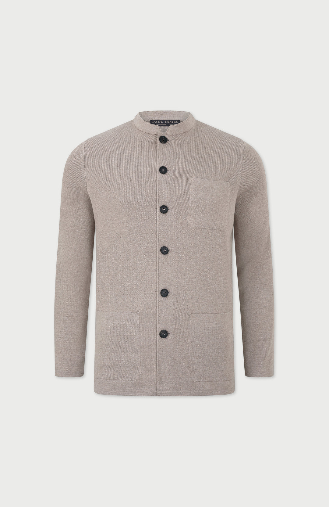 Beige men's stand mandarin Nehru collar cotton jacket by Paul James Knitwear.