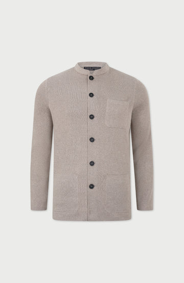 Beige men's stand mandarin Nehru collar cotton jacket by Paul James Knitwear.