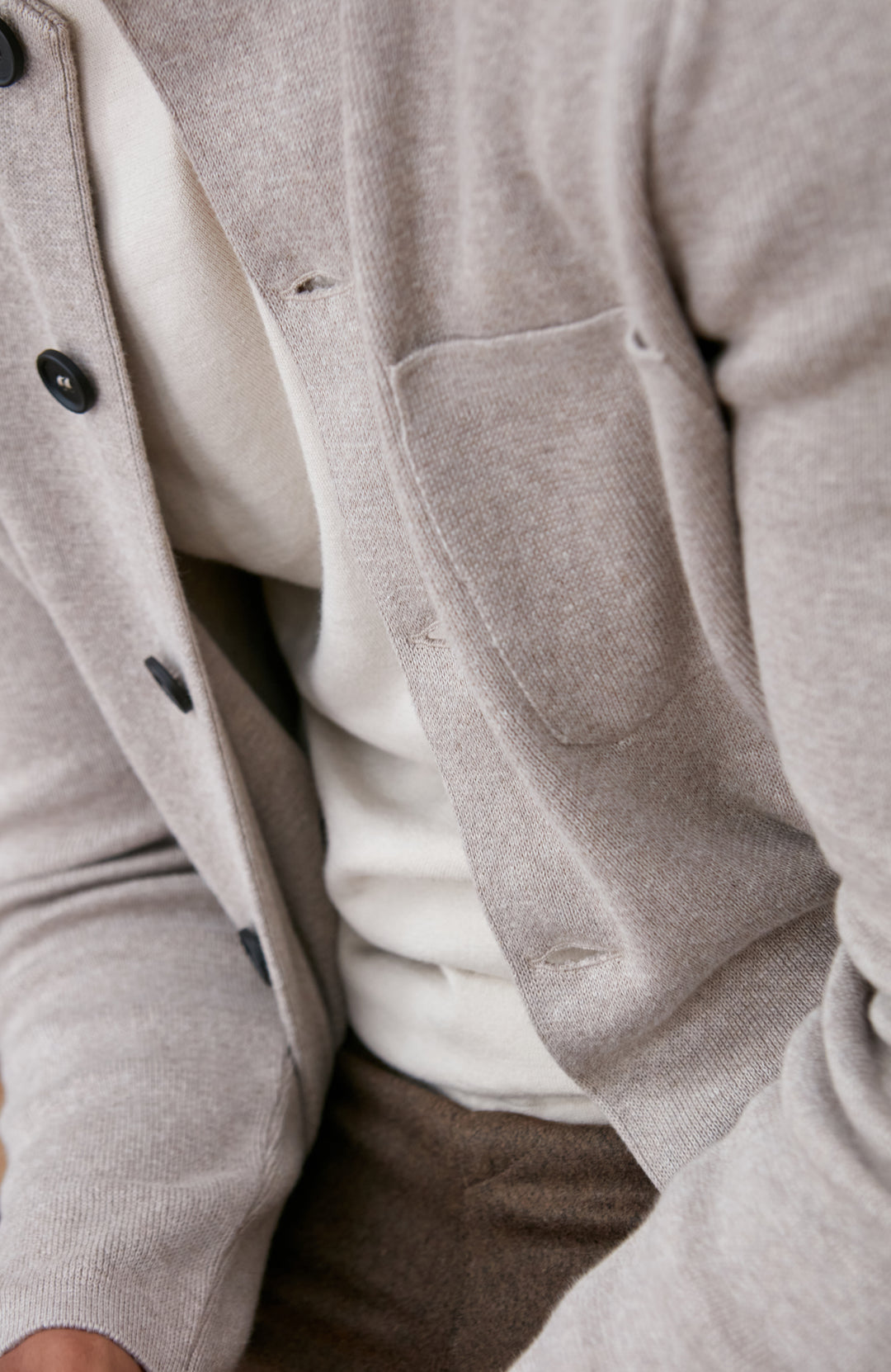 Beige men's stand mandarin Nehru collar cotton jacket by Paul James Knitwear.