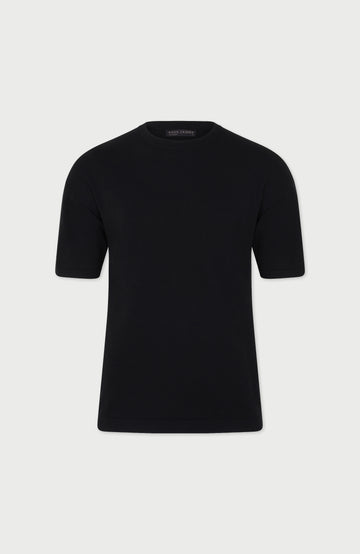 black mens relaxed t-shirt on a light gray background