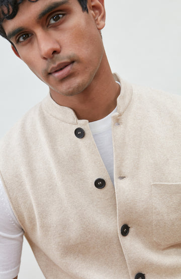 Beige Men's Mandarin Collar Sleeveless No Jacket by Paul James Knitwear.