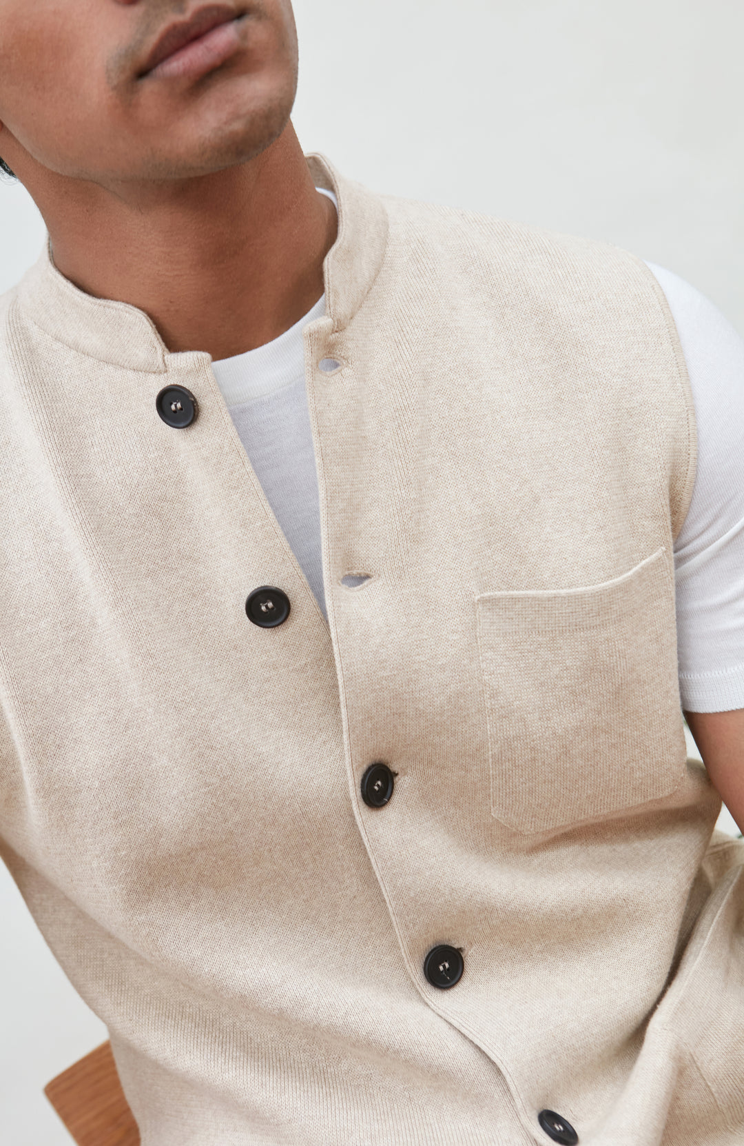 Beige Men's Mandarin Collar Sleeveless No Jacket by Paul James Knitwear.