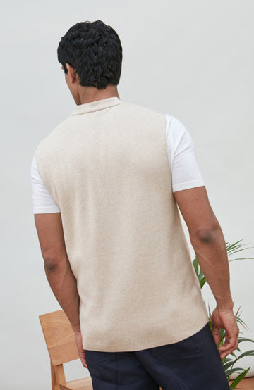 Beige Men's Mandarin Collar Sleeveless No Jacket by Paul James Knitwear.