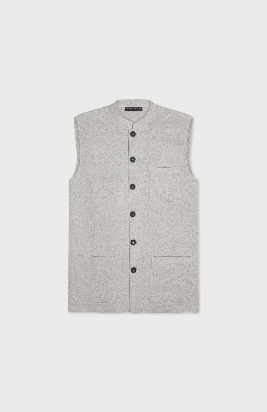 Men's grey mandarin collar sleeveless vest by Paul James Knitwear