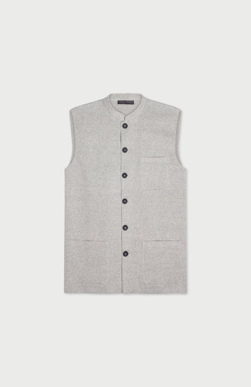 Men's grey mandarin collar sleeveless vest by Paul James Knitwear