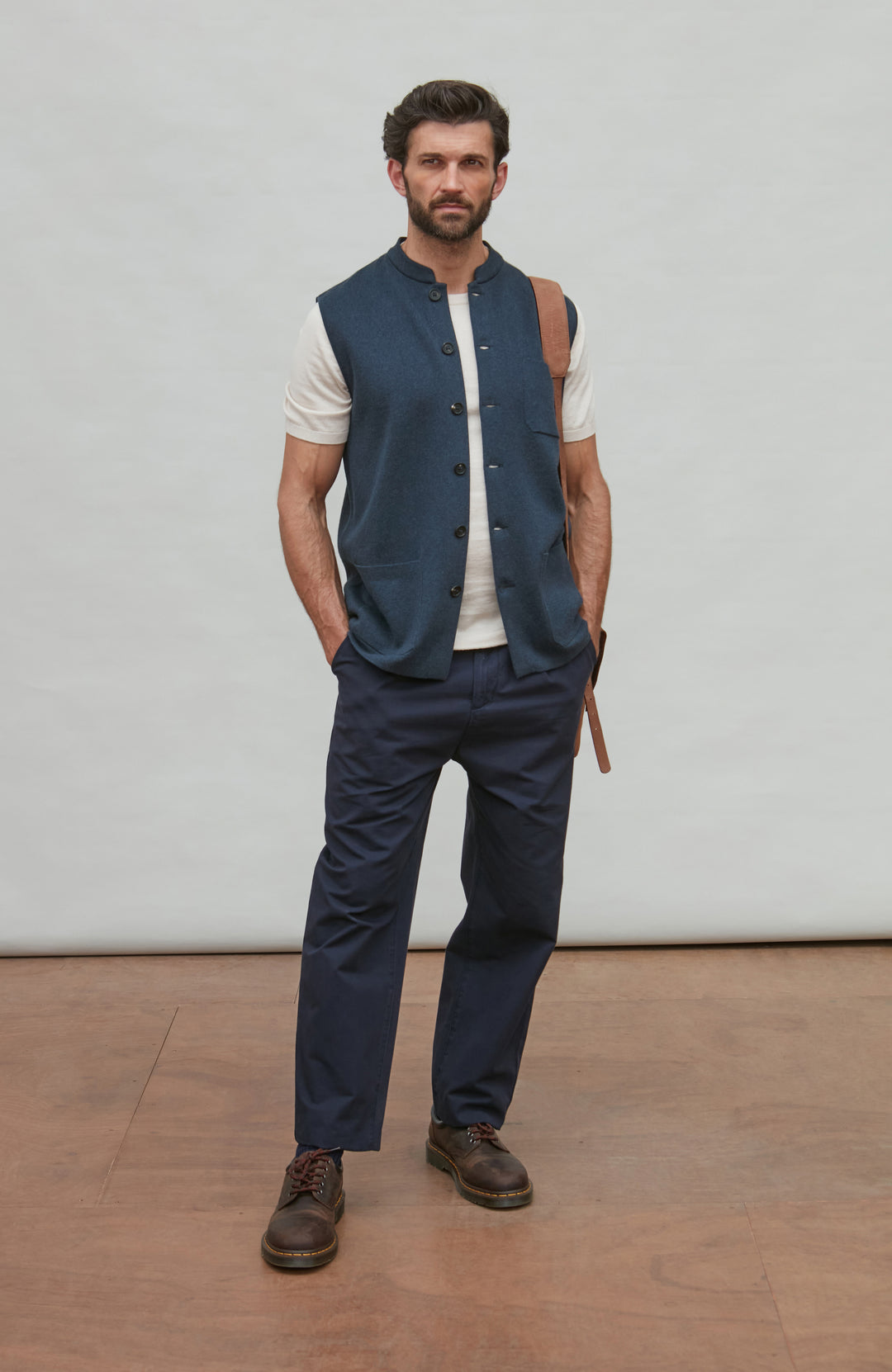 Men's Blue Mandarin Collar Sleeveless Jacket by Paul James