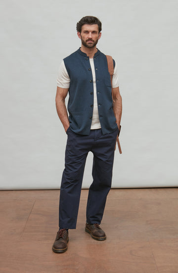 Men's Blue Mandarin Collar Sleeveless Jacket by Paul James