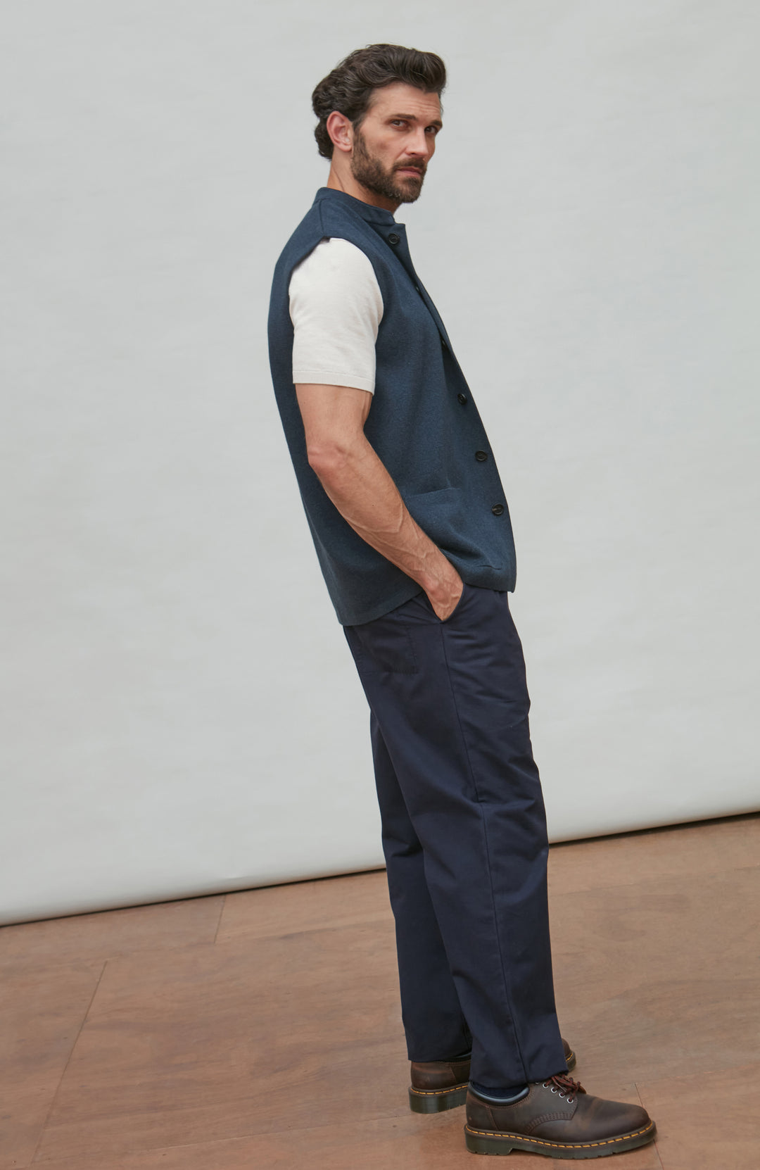 Men's Blue Mandarin Collar Sleeveless Jacket by Paul James