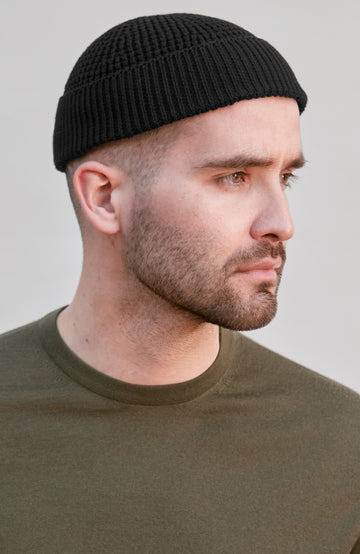 black mens cotton fisherman beanie by Paul James