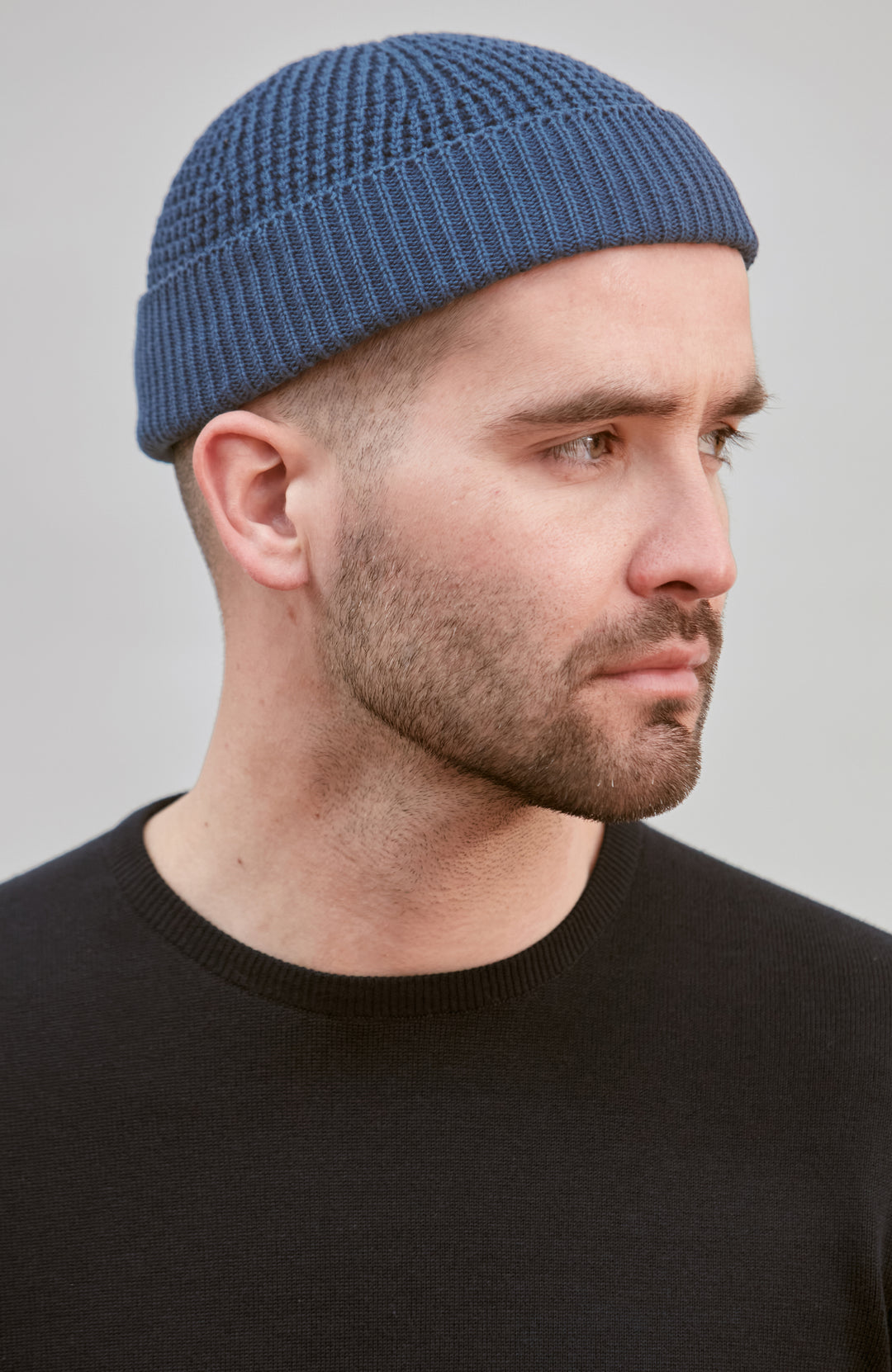 mid blue fisherman textured beanie by Paul James