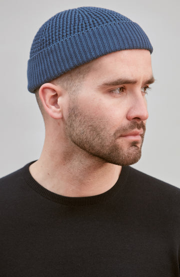 mid blue fisherman textured beanie by Paul James