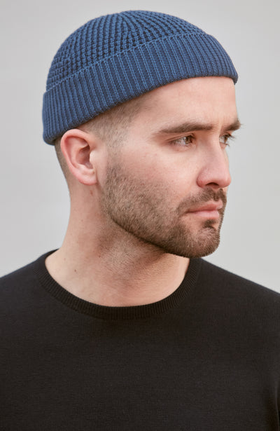mid blue fisherman textured beanie
