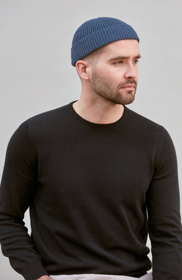 mid blue fisherman textured beanie by Paul James