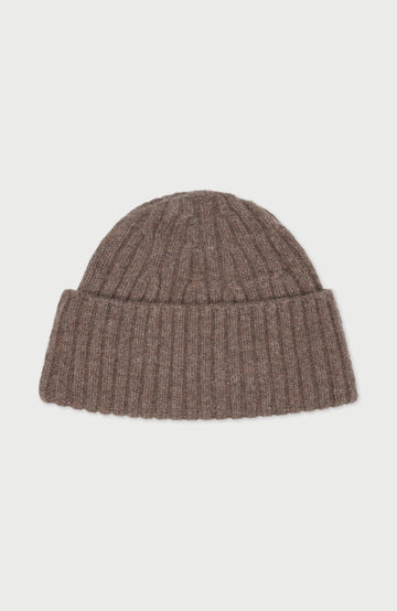 Brown lambs all fisherman ribbed beanie hat by Paul James Knitwear.