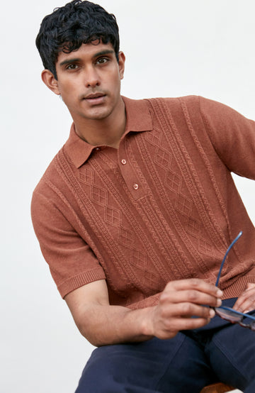 Men's rust textured Fisherman knit chunky polo shirt by Paul James Knitwear