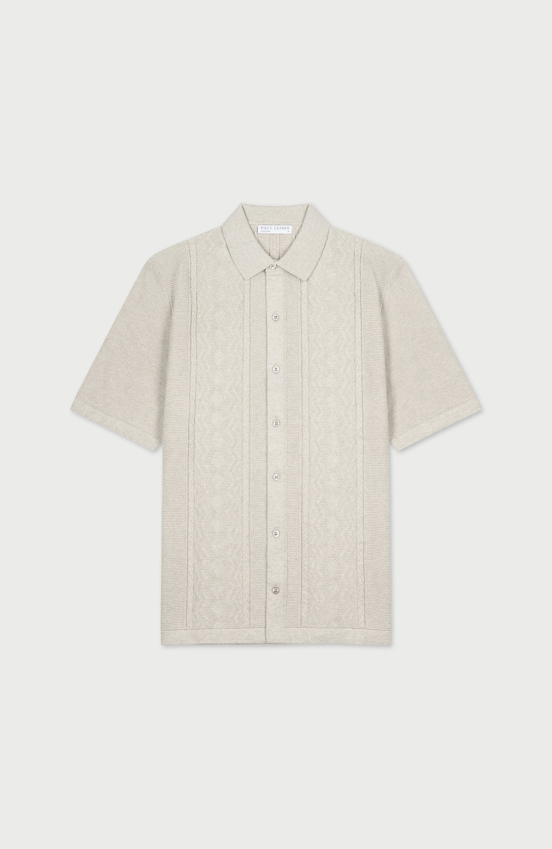 Men's light grey textured knitted fishing shirt by Paul James Knitwear.