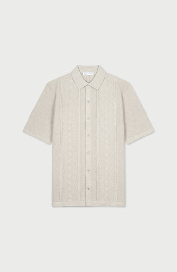 Men's light grey textured knitted fishing shirt by Paul James Knitwear.