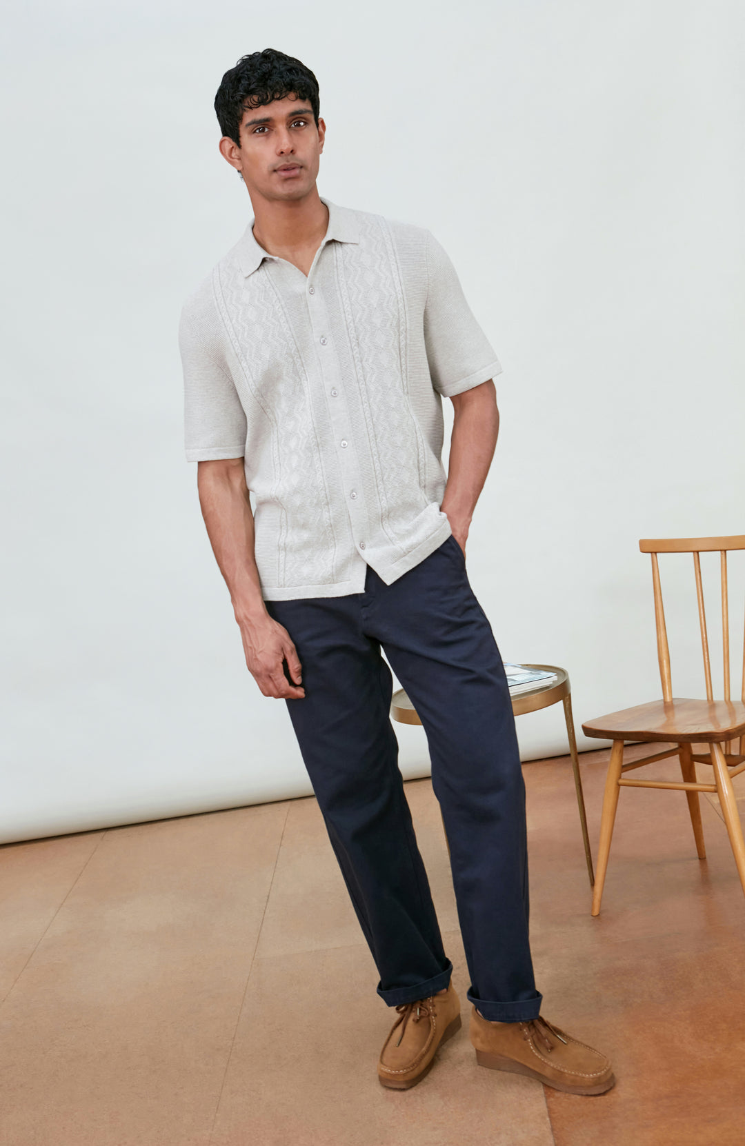 Men's light grey textured knitted fishing shirt by Paul James Knitwear.