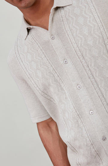 Men's light grey textured knitted fishing shirt by Paul James Knitwear.