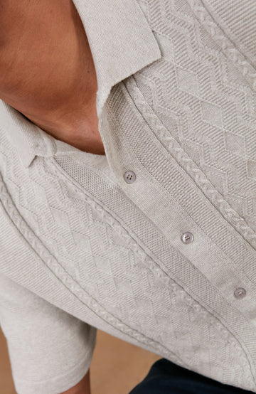 Men's light grey textured knitted fishing shirt by Paul James Knitwear.