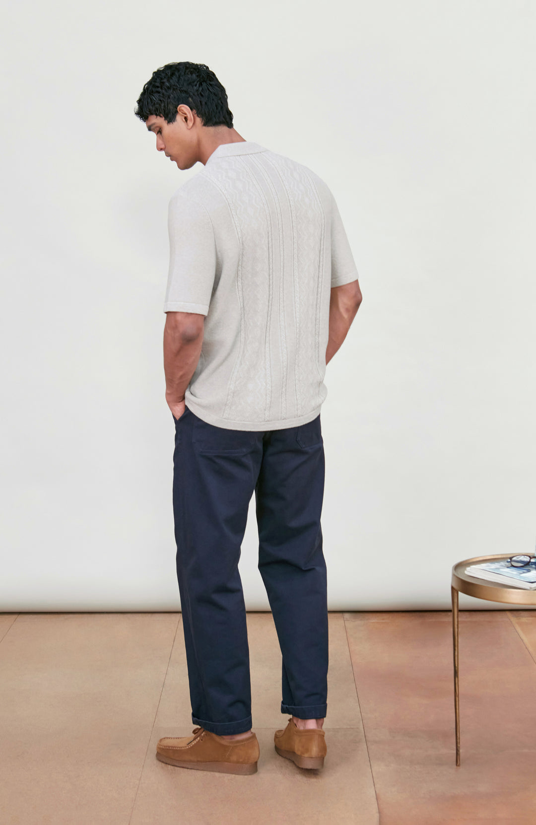 Men's light grey textured knitted fishing shirt by Paul James Knitwear.