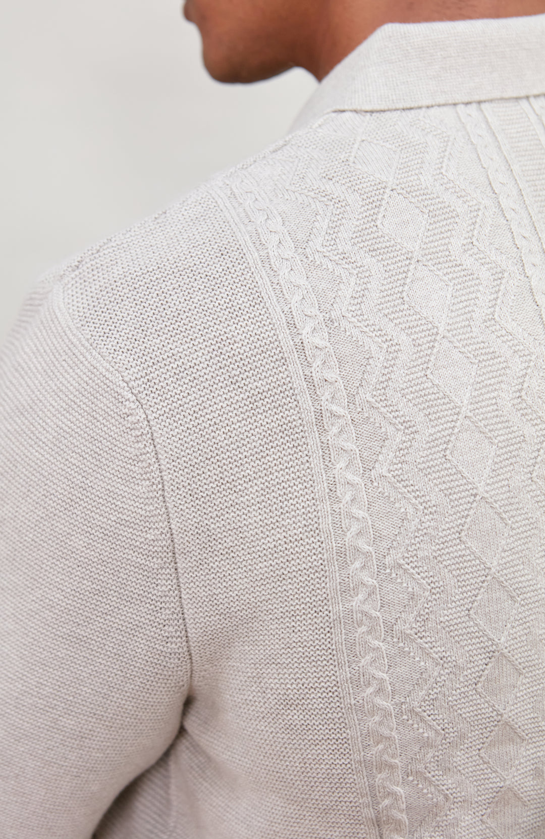 Men's light grey textured knitted fishing shirt by Paul James Knitwear.