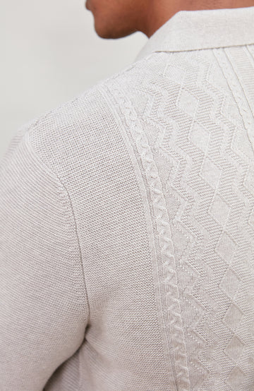 Men's light grey textured knitted fishing shirt by Paul James Knitwear.