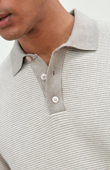 Men's grey two-tone cotton knitted short-sleeve polo shirt by Paul James Knitwear.