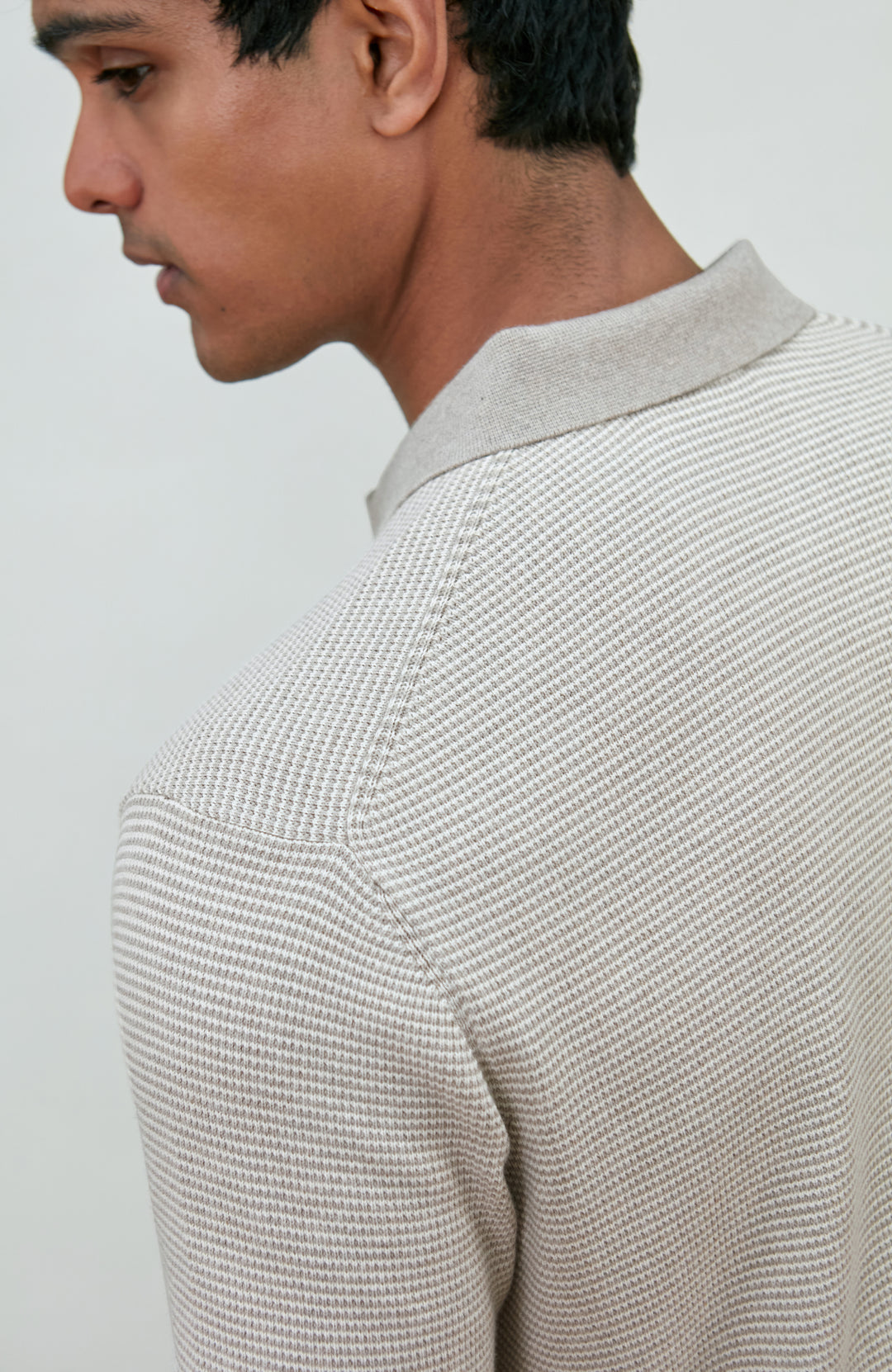 Men's grey two-tone cotton knitted short-sleeve polo shirt by Paul James Knitwear.