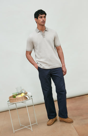 Men's grey two-tone cotton knitted short-sleeve polo shirt by Paul James Knitwear.