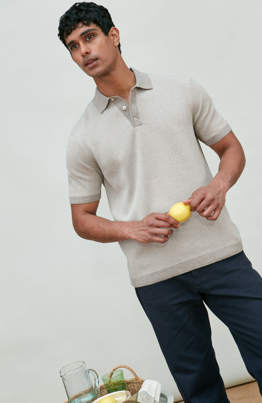 Men's grey two-tone cotton knitted short-sleeve polo shirt by Paul James Knitwear.