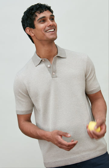 Men's grey two-tone cotton knitted short-sleeve polo shirt by Paul James Knitwear.