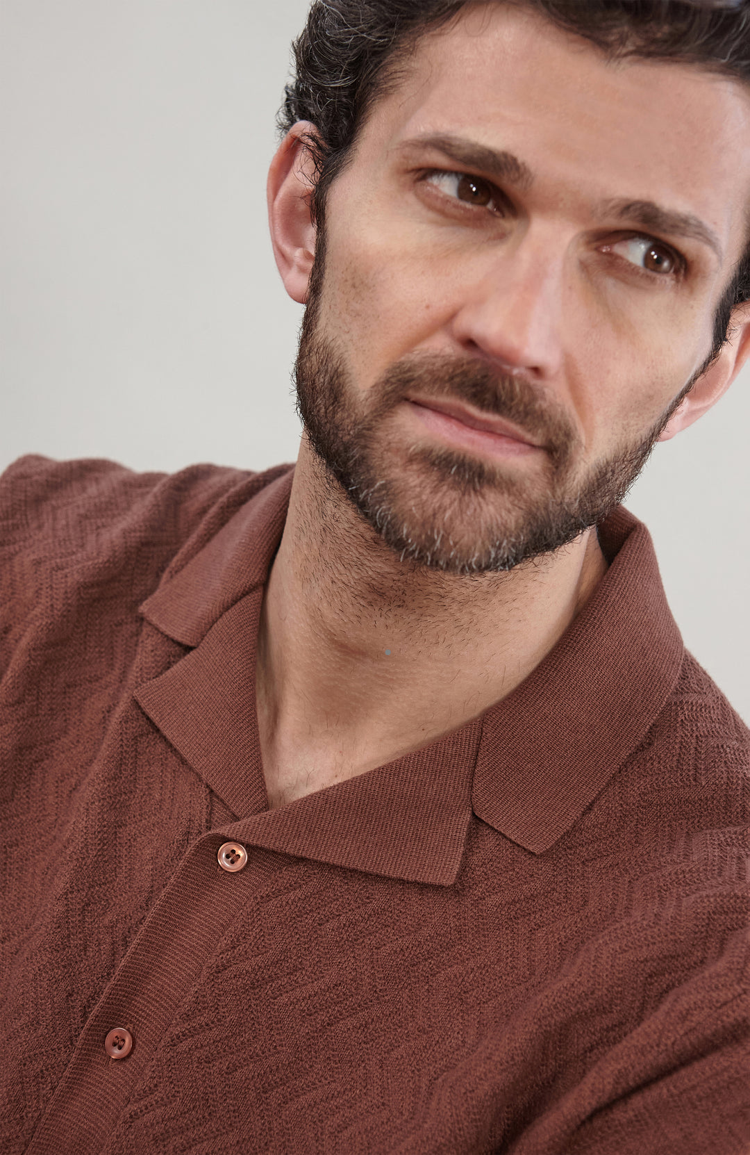 Men's brown textured cotton linen camp collar resort shirt by Paul James Knitwear.