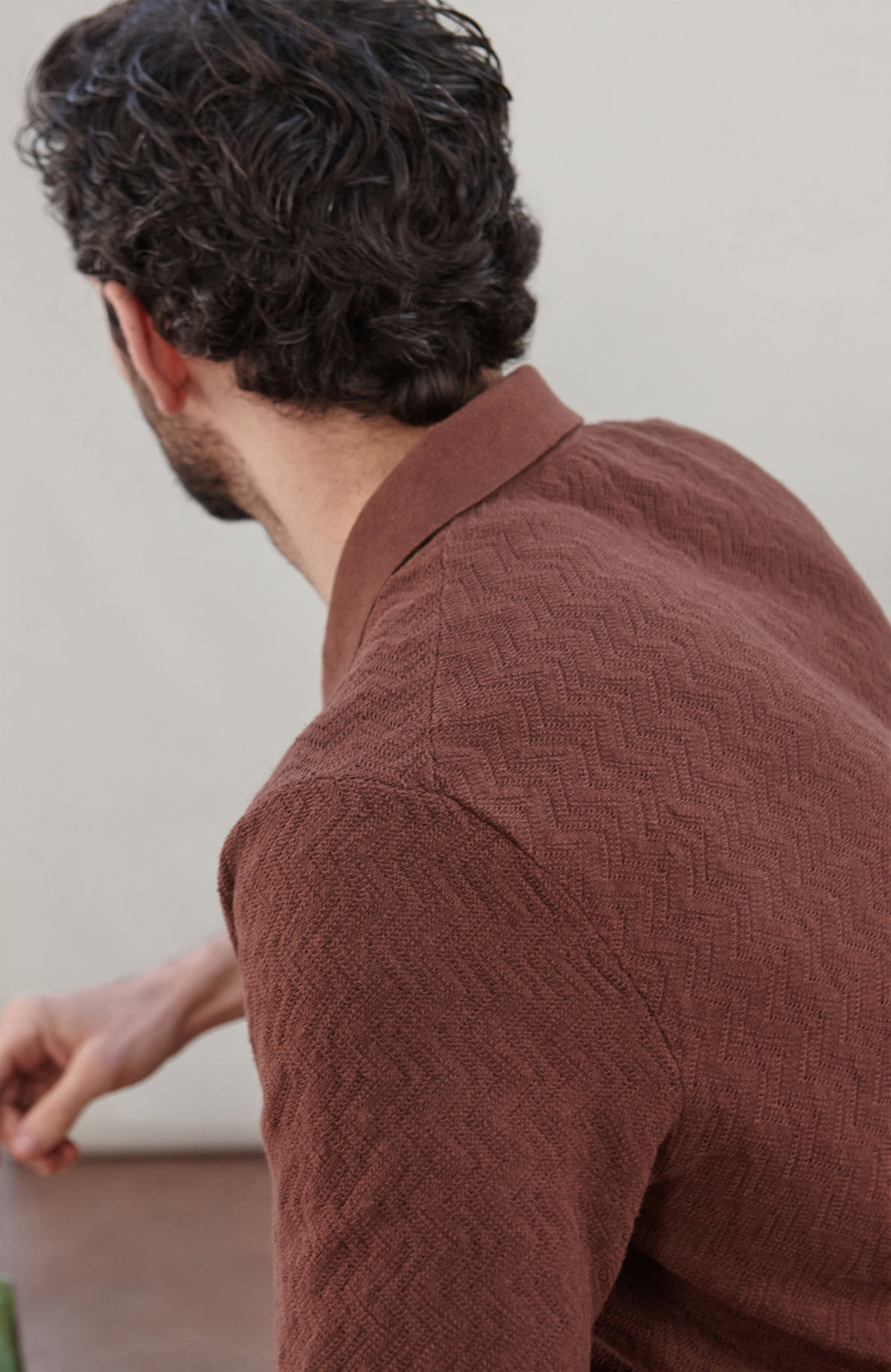 Men's brown textured cotton linen camp collar resort shirt by Paul James Knitwear.