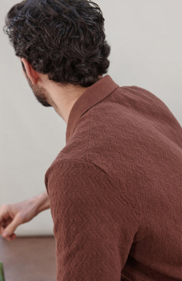 Men's brown textured cotton linen camp collar resort shirt by Paul James Knitwear.