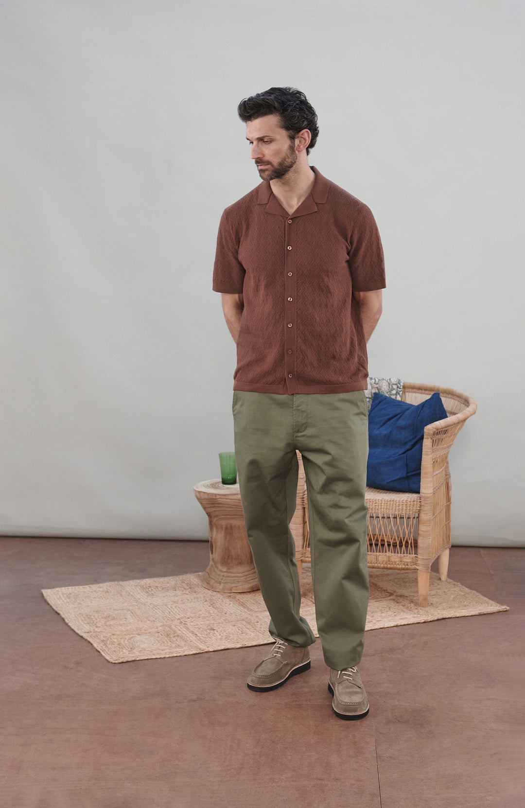 Men's brown textured cotton linen camp collar resort shirt by Paul James Knitwear.
