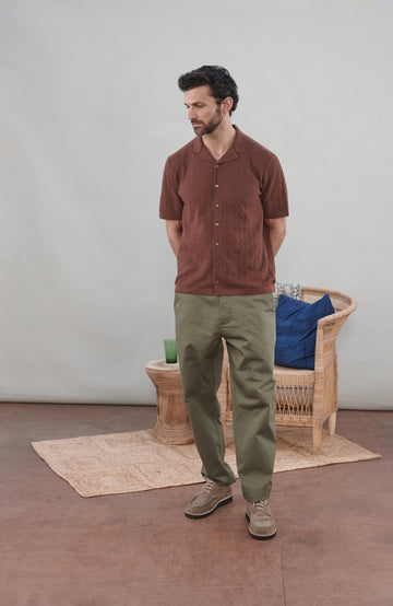 Men's brown textured cotton linen camp collar resort shirt by Paul James Knitwear.