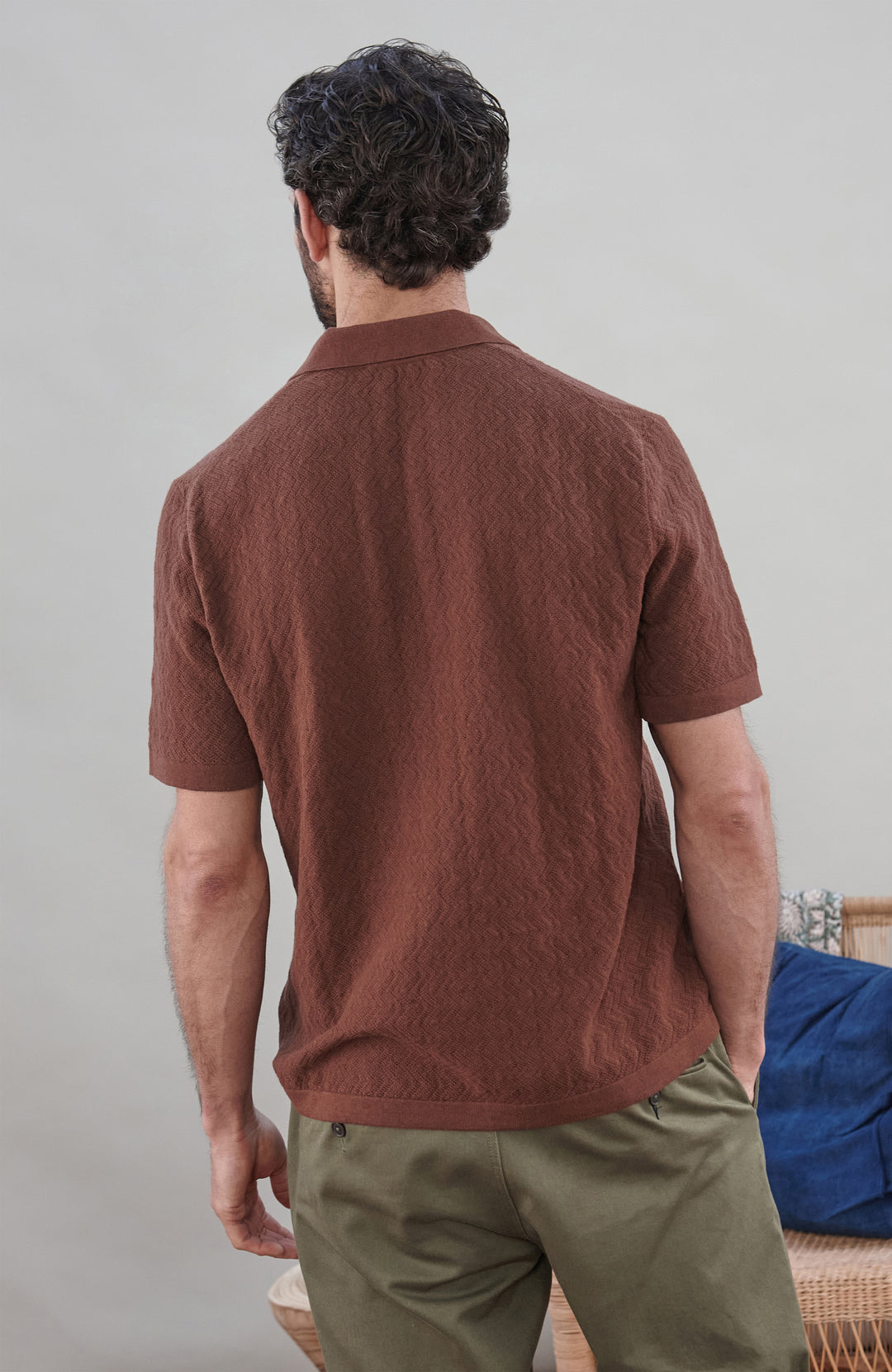 Men's brown textured cotton linen camp collar resort shirt by Paul James Knitwear.