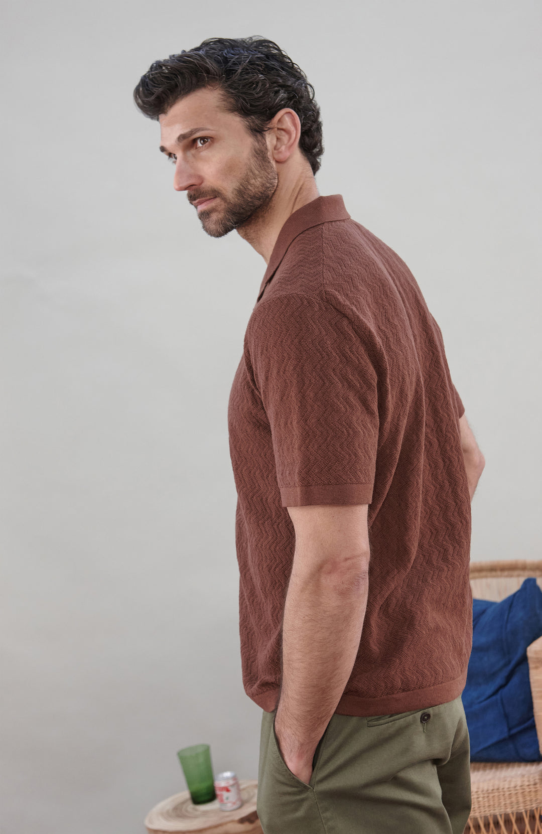 Men's brown textured cotton linen camp collar resort shirt by Paul James Knitwear.