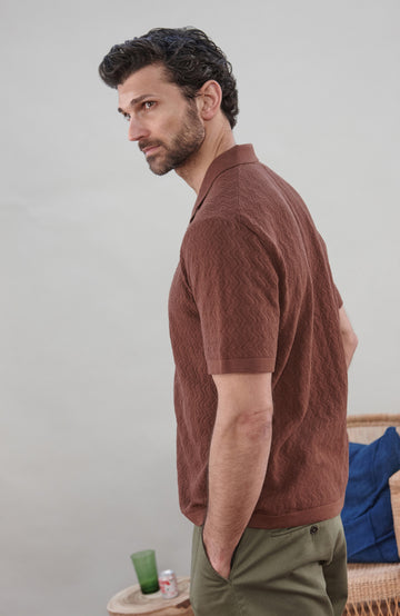 Men's brown textured cotton linen camp collar resort shirt by Paul James Knitwear.