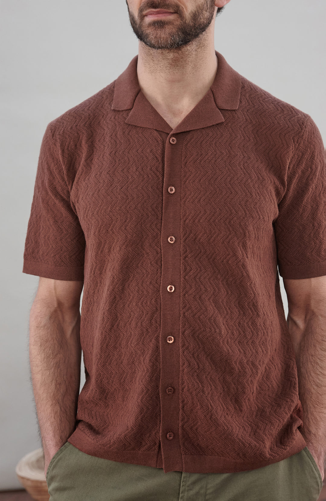 Men's brown textured cotton linen camp collar resort shirt by Paul James Knitwear.
